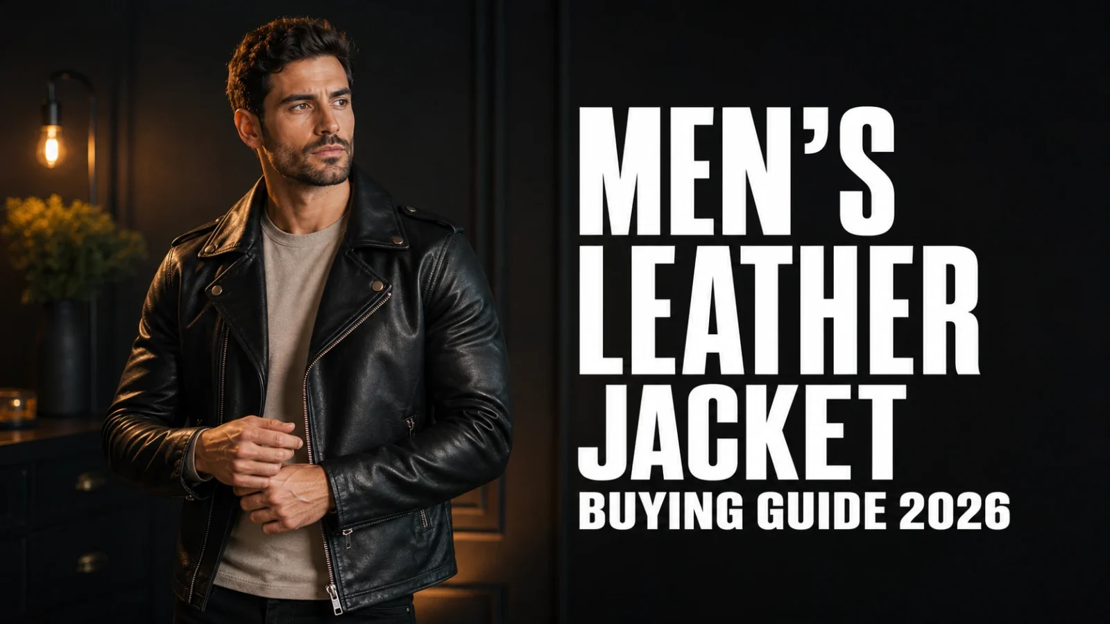 Men’s Leather Jacket Buying Guide 2026 featuring a male model in a black leather jacket